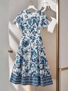 GlowEve CURVE Regalyn Women's Elegant Floral Solid Notched Neck Short Sleeve Plus Size Midi Dress, Spring/Summer - Blue and White - View 2