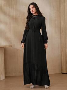 Graceveil Women's Elegant Crystal Decor Lantern Sleeve Dress,Autumn Black And Silver Rhinestone Mock Neck Cinched Waist Black Dress For Dining Blouses Tops - Black - View 4