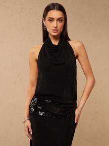 Silquee 女士缎面露背亮片装饰连衣裙，春夏款 - 黑色 - 查看 3