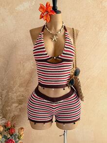 Soleia Women's Summer Beach Vacation Striped Halter Knit Top And Shorts Set - Multicolor - View 1