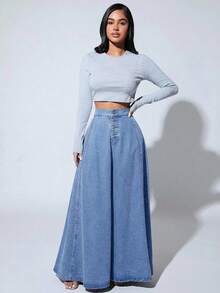 Slaydiva Plus Size Women Button Fly Casual Commuting Extra Long Denim Skirt - Light Wash - View 3