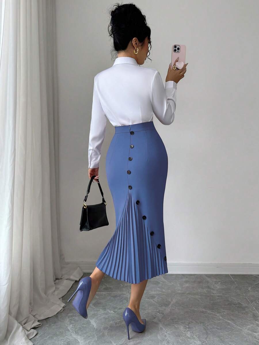 SHEIN Elenzya Women's Elegant Fitted Pleated Pencil Skirt - Dusty Blue - View 1