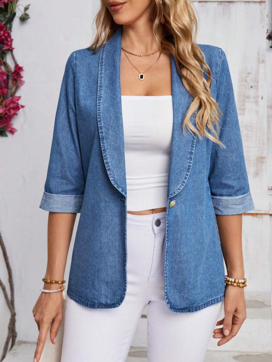 EMERY ROSE Áo khoác denim tay lửng 3/4 cổ bẻ màu trơn cỡ lớn - Màu xanh lam - Xem 1