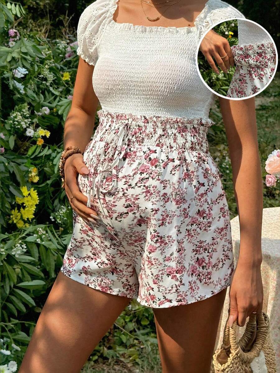 SHEIN Maternity Summer Fashion Ditsy Floral Drawstring Loose Shorts - Multicolor - View 1