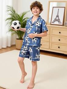 男童休闲足球印花短袖Polo衫和短裤两件套，舒适夏季家居服 - 彩色 - 查看 4