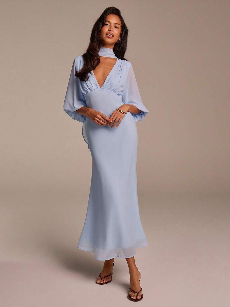 COSMINA 女士优雅雪纺浅蓝色深V领荷叶边泡泡袖鱼尾长裙，纯色休闲优雅度假派对婚礼宾客伴娘礼服 - 淺藍色 - 查看 1