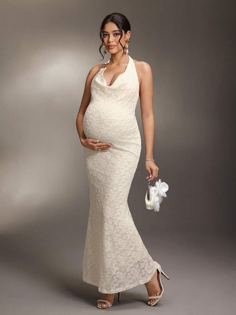 Cheriluna Maternity Đầm chụp ảnh bà bầu với cổ yếm buộc nơ, cúc trang trí hình hoa hồng, cổ áo xếp nếp, eo ôm sát, dáng đuôi cá, đầm maxi dệt jacquard hai lớp. - Màu be - Xem 1