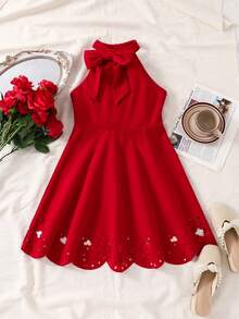 SHEIN Tween Girl Casual Solid Red Mandarin Collar Sleeveless Waist Flare Dress - Red - View 7