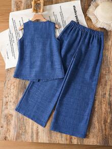 SHEIN Tween Girls' Casual Elegant Commute Street Fashion Jacquard Striped Button-Front Sleeveless Vest Top And Straight Leg Pants Set - Blue - View 2