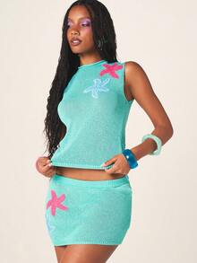 MISSGUIDED Knitted Starfish Embellished Mini Skirt With Ribbed Texture And Elastic Waistband For Beach Vacation Summer Casual - Green - View 5