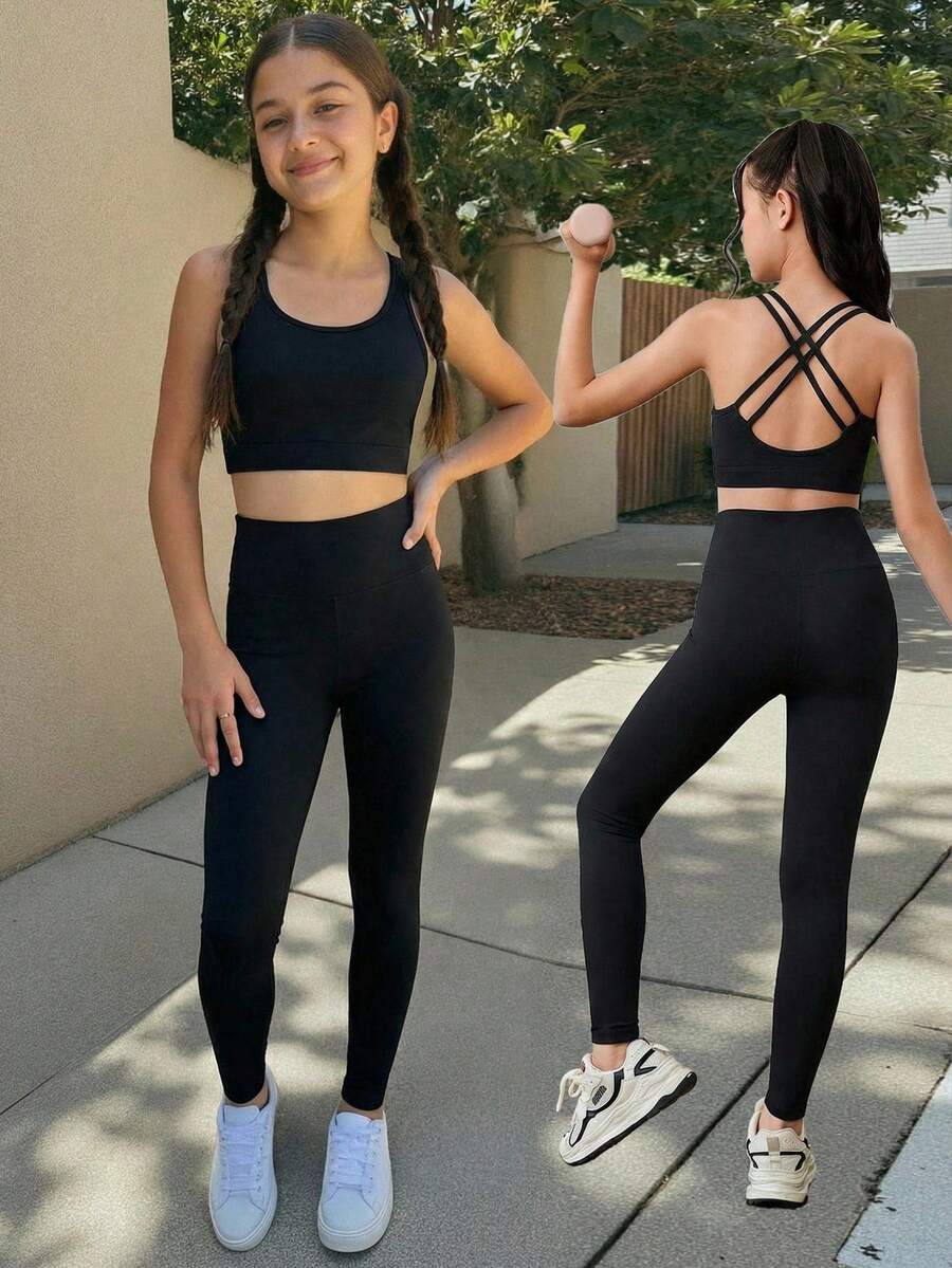 SHEIN 少女纯色针织高弹舒适交叉露背运动文胸和高腰紧身裤运动套装，适合瑜伽 - 黑色 - 查看 1