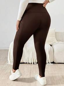 Plussiva 孕妇加大码弹力纯色可调节腰带手机口袋裤 - 棕色 - 查看 2