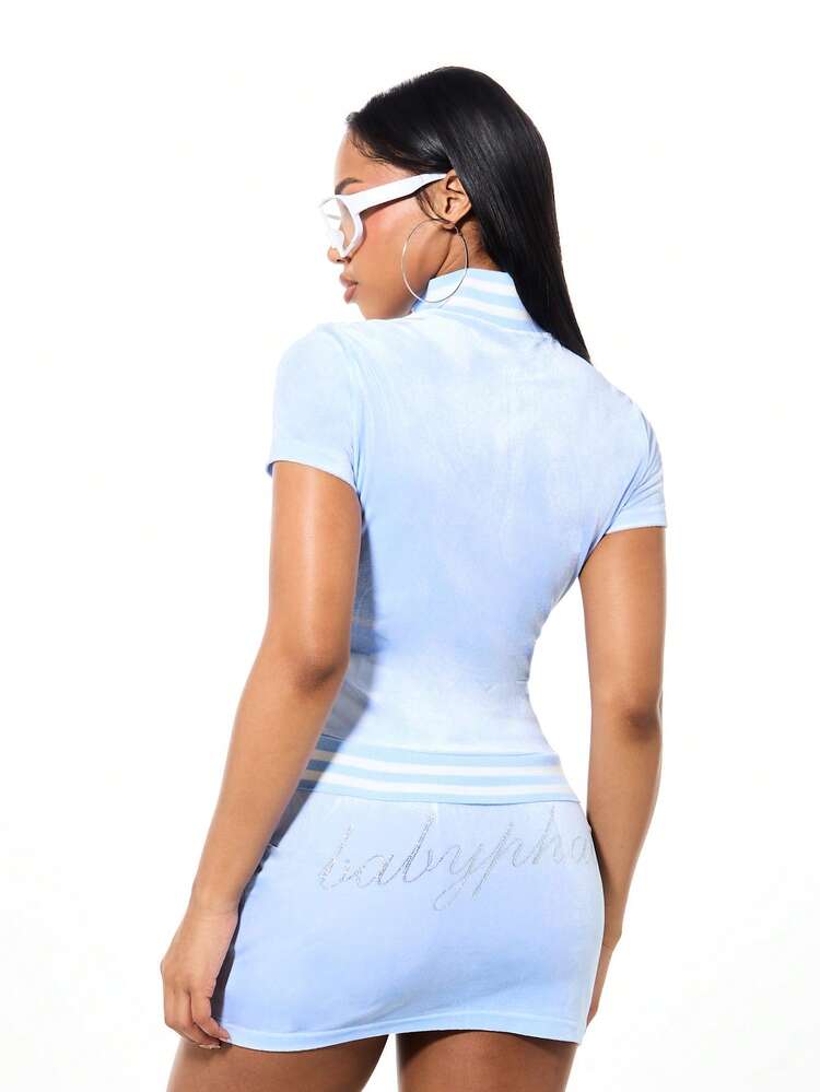 BABYPHAT Light Blue Velour Funnel Neck Zip Up Short Sleeve Sweatshirt With Rhinestone Embellishment