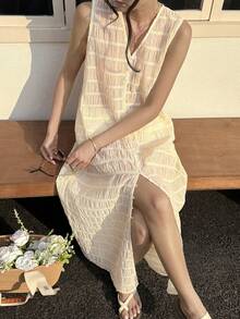 2026 Cárdigan largo blanco con textura, plisado y patchwork transparente.Ideal para festivales de música, San Valentín, bodas, informal, playa.Blusa de manga larga para mujer.Primavera/verano. - Amarillo - Ver 2
