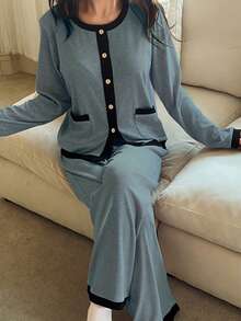 DAZY Elegante conjunto de pijama de mujer de punto con bloques de color cómodo - Azul - Ver 3