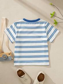 Souflis Souflis French Style New White Base Blue Striped Toddler Boys' Round Neck Short Sleeve T-Shirt With Contrast Embroidered Graphic, Fashionable Casual, Refined, Versatile, Suitable For School, Outings And More Occasions Toddler Summer Clothes Stripe Tshirt Tshirt For Baby Boy - Multicolor - View 6