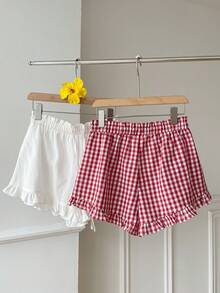 SHEIN EZwear 2 chiếc quần short nữ kẻ caro và màu trơn, thắt eo, xếp ly, kiểu dáng ngọt ngào dễ thương. - Nhiều màu - Xem 3