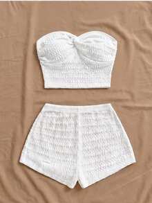 Soleia Women's Summer Vacation Solid Color Textured Twist Front Bandeau Top And Shorts 2 Pieces Set  No Chest Padding - White - View 2