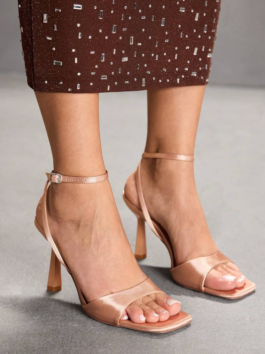 CUCCOO SZL Women's Fashion Apricot Material Thin Strap Ankle Strap Rhinestone Decor Square Toe Stiletto High Heel Sandals, Suitable For Commute, Date, Wedding, Party, Holiday, Valentine's Day For Christmas Spring Shoes Prom Heels - Rose gold sardines - View 1