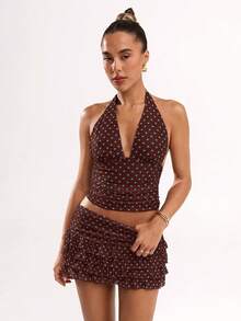 SHEIN BAE Chân váy nữ họa tiết chấm bi kiểu dáng thường ngày - Màu nâu  Mocha - Xem 4