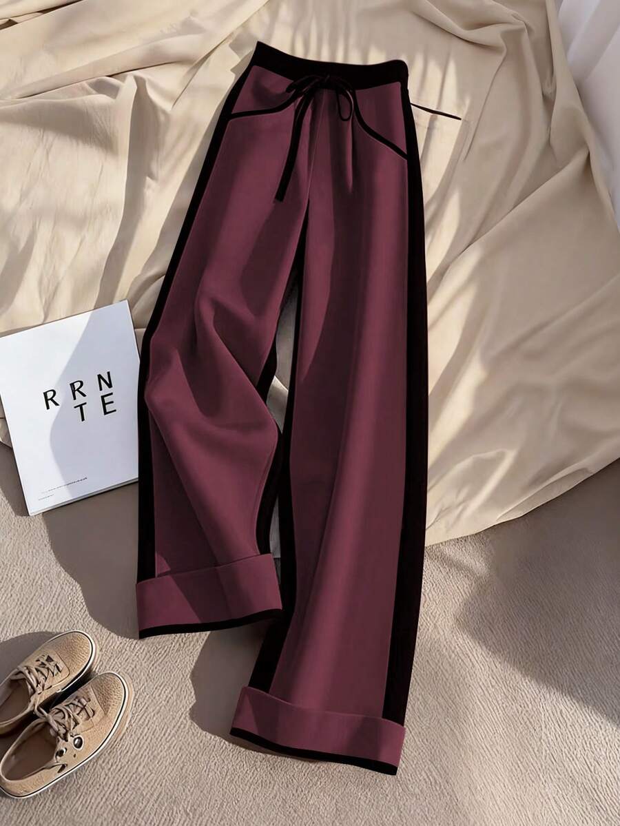 GlowEve Women's Casual Contrast Color Lace-Up Straight Leg Pants - Redwood - View 1