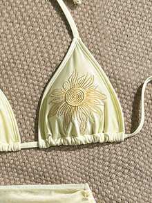 Soleia 女士夏季度假沙滩浅黄色太阳刺绣挂脖比基尼三件套 - 黃色 - 查看 5