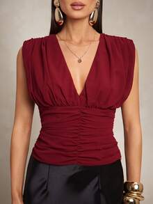 Silquee Áo kiểu nữ không tay cổ chữ V, xếp ly eo, chất liệu chiffon, thời trang, gợi cảm và thanh lịch, thích hợp cho mùa xuân/hè. - Màu Đỏ Sâu - Xem 6