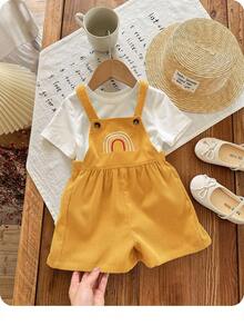 SHEIN 新生女嬰可愛百搭休閒綠色彩虹刺繡連身褲 Rainbow Baby - 黃色 - 查看 8
