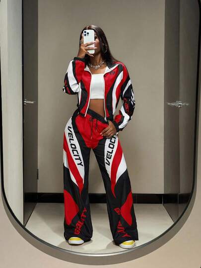 Slaydiva New Autumn/Winter Women's Back To School Outfit, Casual Business Streetwear, Retro College Style Jacket With Zipper Front, Short Crop Top + Straight Leg Pants/Wide Leg Trousers, Black & Yellow Contrast Color, Vintage Logo Print, 2-Piece Set Race Car Outfit Women Y2k Women Two Piece Outfits 2 Piece Pants Sets Woman Y2k Two Piece Set