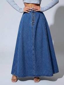 Slaydiva Plus Size Solid Color Button Pleated Casual Versatile Denim Skirt - Blue - View 6