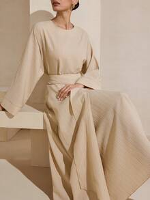 Graceveil Casual Long Sleeve Top & Flared Skirt Arabic Style Set For Women, Apricot Color - Apricot - View 1