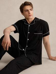 EverLounge Men's Pajama Set, Featuring A Collared Button-Down Style, Crafted In Solid Black With White Striped Trim Details On The Collar And Cuffs, Accented By White Buttons, Offering A Refined And Understated Look - Black - View 6