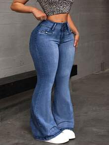 SHEIN EZwear 大码女式休闲高腰喇叭牛仔裤，适合日常通勤 - 藍色 - 查看 3