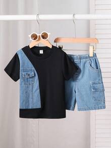 SHEIN Bộ 2 món cho bé trai, kiểu dáng thường ngày, đa năng, thoải mái, gồm áo thun dệt kim cổ tròn tay ngắn dáng rộng và quần short denim. - Nhiều màu - Xem 3