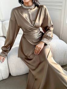 Modelyn Women's Elegant Rhinestone Decor Stand Collar Wrap Hem Cinched Waist Top And Skirt 2 Pieces Set, Spring/Autumn - Brown - View 5