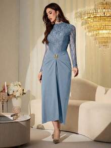 Modelyn Women Elegant Blue Floral Lace Bodice Midi Dress,Spring And Summer Long Sleeve High Neck Party Gown With Butterfly Buckle & Modest A-Line Silhouette - Blue - View 5