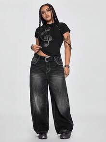 ROMWE Grunge Punk Spring/Summer Plus Size Black T-Shirt With Punk Music Note Rhinestone Grommets Valentine's Day - Black - View 7