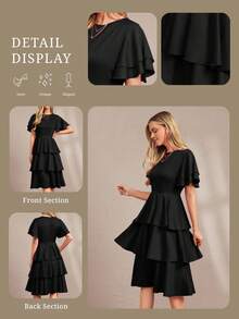 Vestido de mujer de unicolor con cuello redondo, dobladillo con volantes y capas - Negro - Ver 11