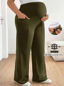 Plussiva Plus Size Maternity Casual Solid Color Adjustable High Waist Loose Wide Leg Pants - Army Green - View 1
