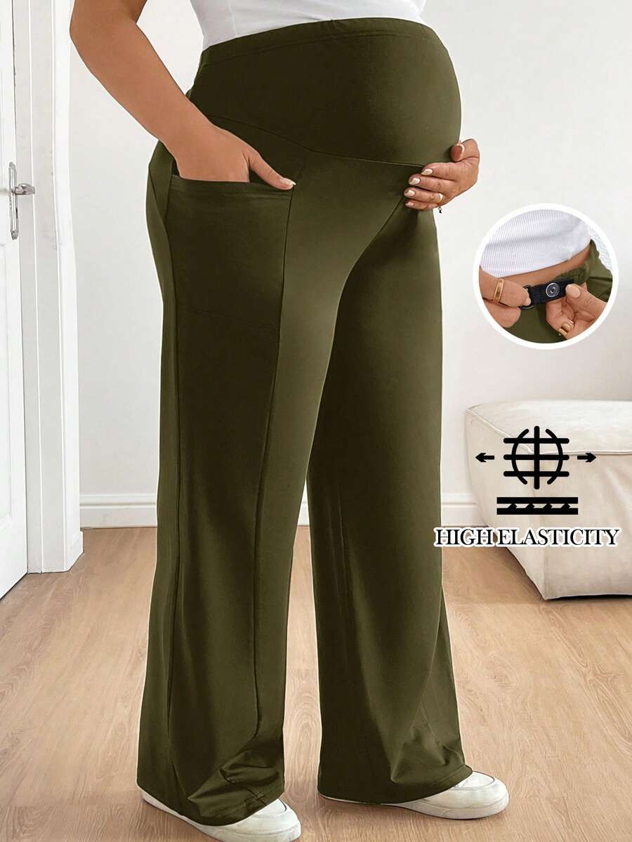 Plussiva Plus Size Maternity Casual Solid Color Adjustable High Waist Loose Wide Leg Pants - Army Green - View 1