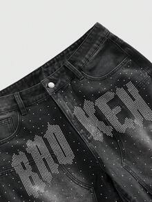 ROMWE MEN Street Life Quần short denim nam casual phong cách đường phố, thích hợp mặc hàng ngày đi làm, in chữ "ngọn lửa" và đính đá, kiểu dáng wash, mùa hè. - màu đen - Xem 5