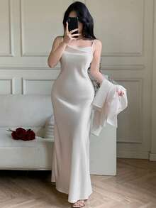 DAZY Women's Sheer Long Sleeve Loose Blouse And Long Satin Slip Dress Elegant 2 Pieces Set - Champagne - View 6