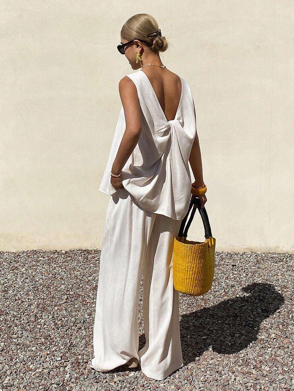 Women's Round Neck Sleeveless Top With Twist Back Design And Wide Leg Pants, Vacation Style 2 Pieces Set Summer