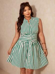 Elaquor 大码女士条纹V领单排扣优雅收腰派对连衣裙 - 綠色 - 查看 3