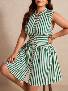 Elaquor 大码女士条纹V领单排扣优雅收腰派对连衣裙 - 綠色 - 查看 6