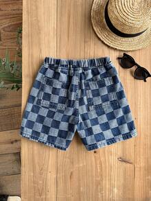 LMoss Kids Quần short denim kẻ caro xanh dáng rộng cho bé trai - Rửa trung bình - Xem 2