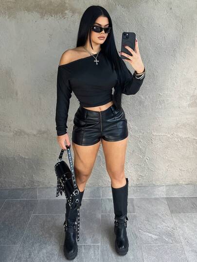 Dayanna Comas Áo thun dài tay hở vai màu đen co giãn thoải mái, màu đen, trang phục dạo phố mùa thu dành cho nữ, lễ hội âm nhạc, đồ dùng thiết yếu hàng ngày cổ điển