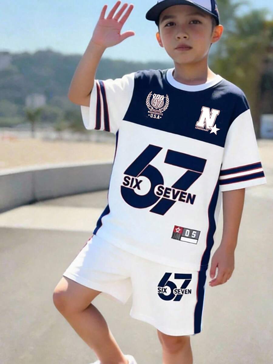 SHEIN Explorewe 1 Set Tween Boys' Casual Sports Style White & Blue Number 67 SIX SEVEN Print Short Sleeve T-Shirt And Shorts Set, Suitable For Daily Sports & Leisure Wear, Summer Outfits - Multicolor - View 1