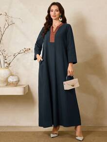Al Najma Women's V-Neck Casual Party Daily Wear Arabic Style Dress Najma Dress Cotton Maxi Dresses For Women Linen Dresses For Women Casual Long Dress Kurti For Women - Navy Blue - View 6
