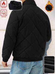 Manfinity Homme 男士长袖纯色简约休闲保暖拉链户外防风羽绒服，黑色保暖内衬绗缝外套，秋季款 - 黑色 - 查看 4